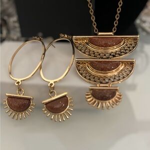 3-Pc Set Gold & Brown Geometric Earrings with Fan Design